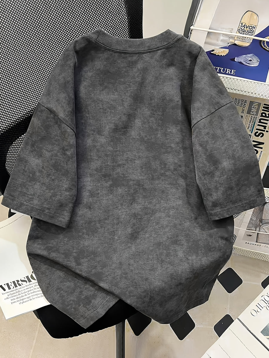 Summer Trend 2026 Women's New Letter Print Tie-Dye Short Sleeve T-Shirt, Women's Summer Lazy Style Loose BF Fit Casual Unisex Fashion Versatile Top - Deep Grey
