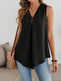 Women'S Summer Casual Pleated Irregular Hem Print Sleeveless Vest Top - Black