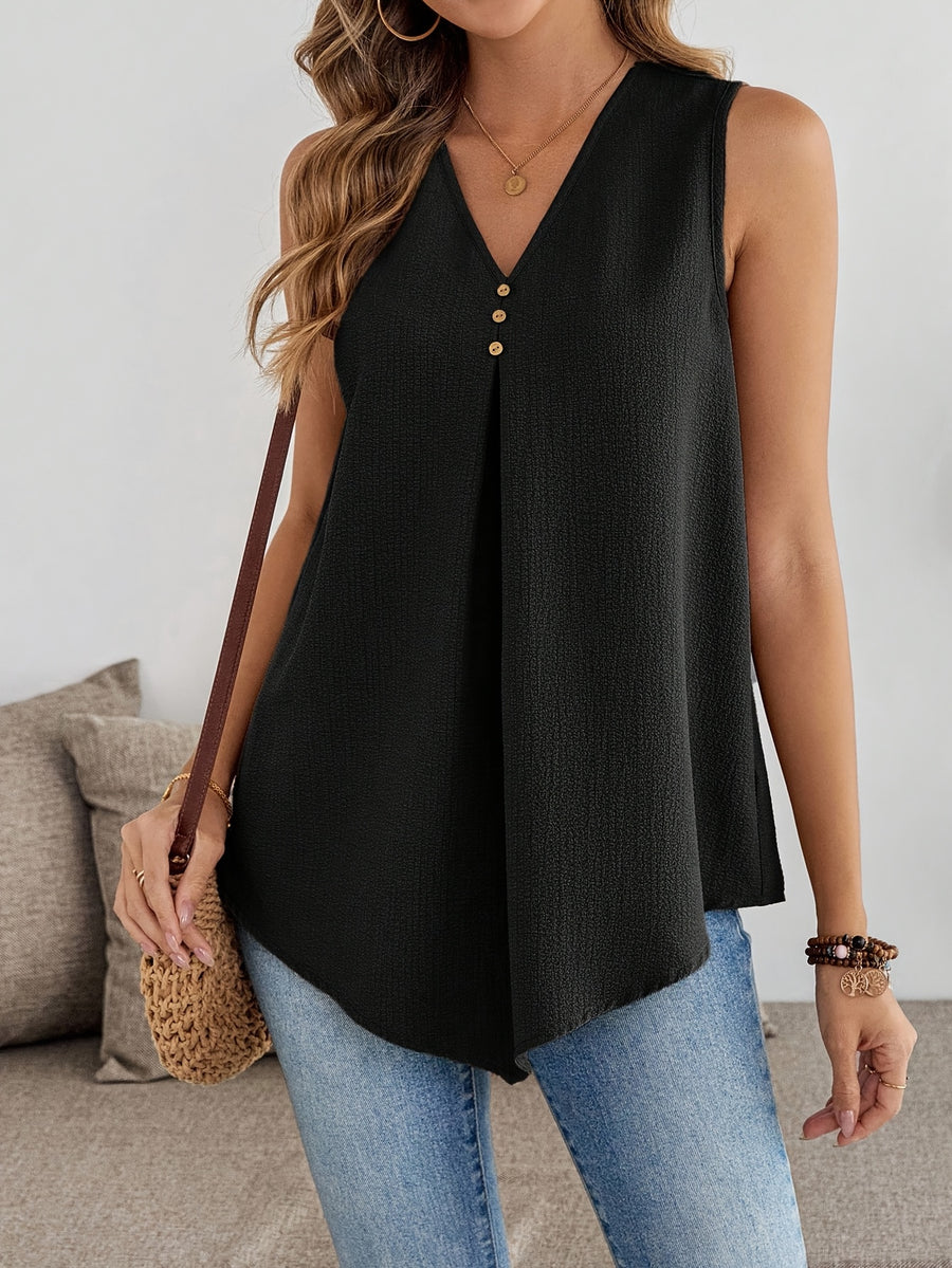 Women'S Summer Casual Pleated Irregular Hem Print Sleeveless Vest Top - Black