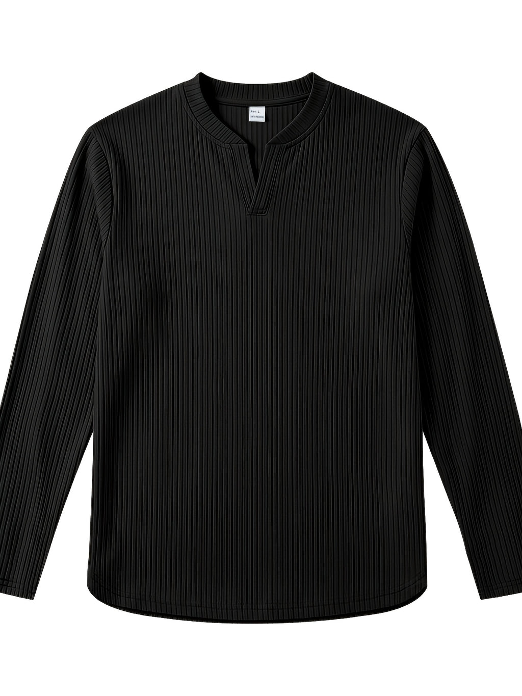 Men's Vertical Pin-Stripe V-Neck Henley Long-Sleeve T-Shirt, Slim Fit Stretch Textured Top, Spring/Autumn Casual Base Layer Men's Apparel - Black