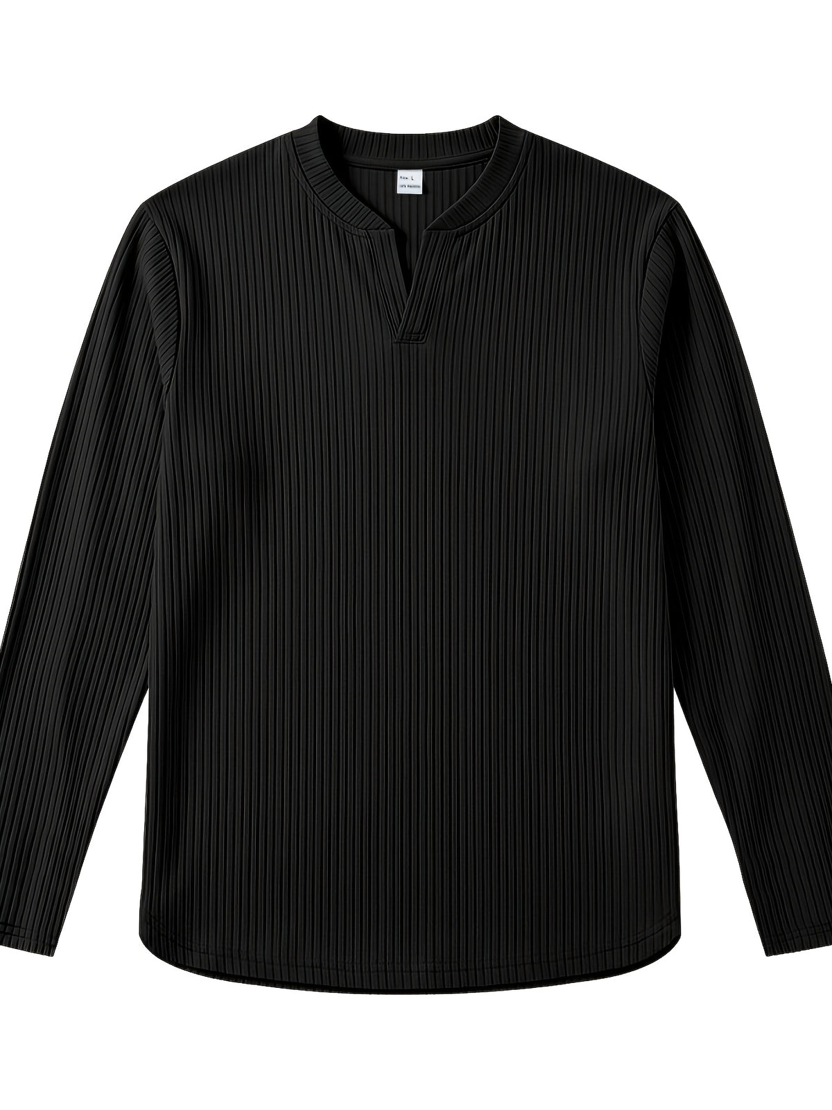 Men's Vertical Pin-Stripe V-Neck Henley Long-Sleeve T-Shirt, Slim Fit Stretch Textured Top, Spring/Autumn Casual Base Layer Men's Apparel - Black