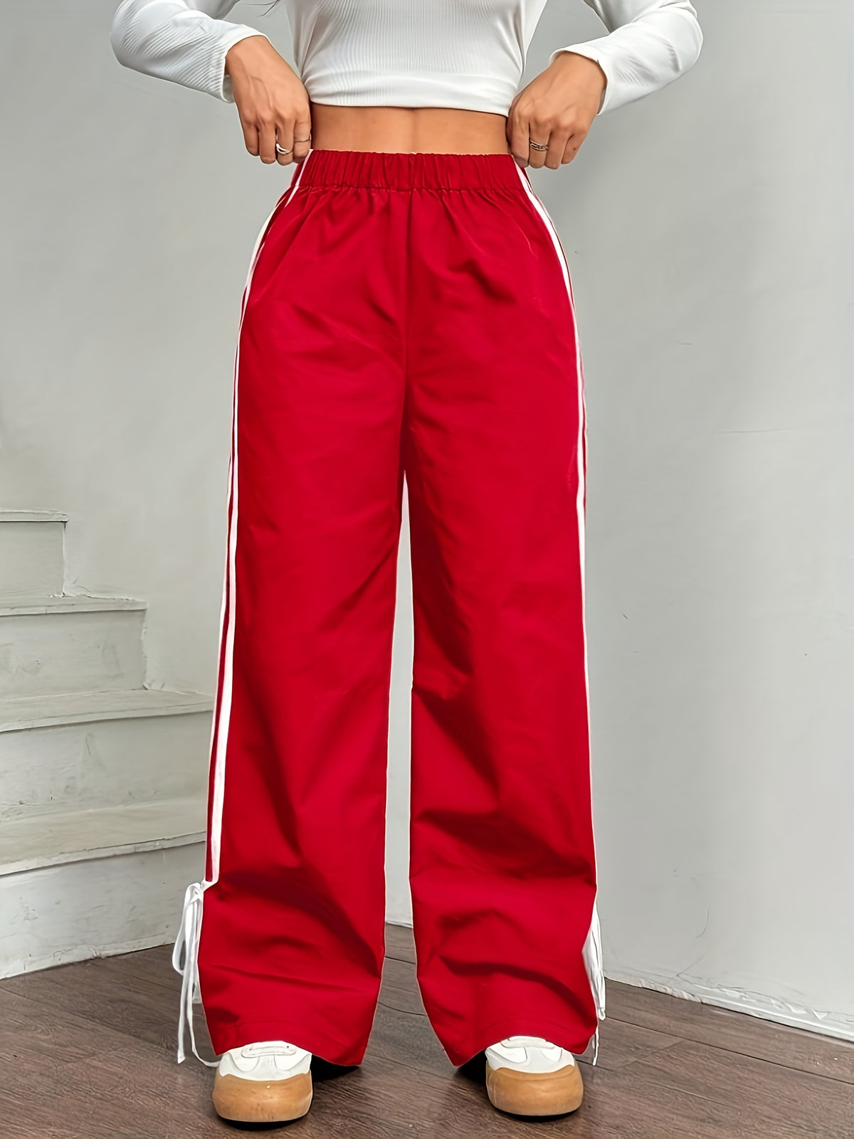 Y2K Side White Striped Long Pants - Red