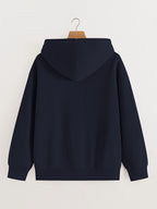 Simple Pony Heart Pattern Small and Exquisite Autumn/Winter Plush Fashionable Trendy Women's Zipper Hooded Sweatshirt Jacket Top - Navy Color