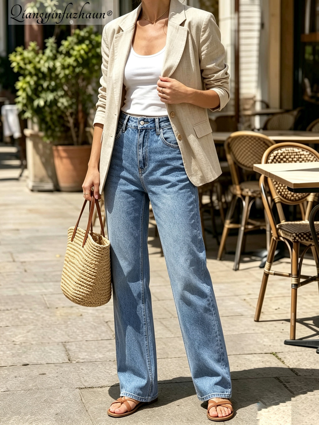 Women's High-waisted Stretch Basic Denim Trousers, Elegant and Comfortable Washable Dark Blue Casual Pants, Suitable for All Seasons, Ideal for Shopping, Parties and Other Outfits - Medium Blue