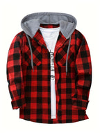 Men's Fashion Hooded Plaid Trendy Shirt Hooded Plaid Sweatshirt, Autumn/Winter Essentials, New Season - Red