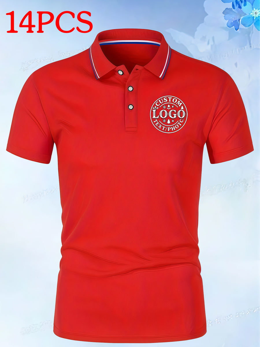 14pcs Classic Solid Color Men'S Polo Shirts, Breathable Lapel High Quality Shirts Casual Fashion Sport - Red