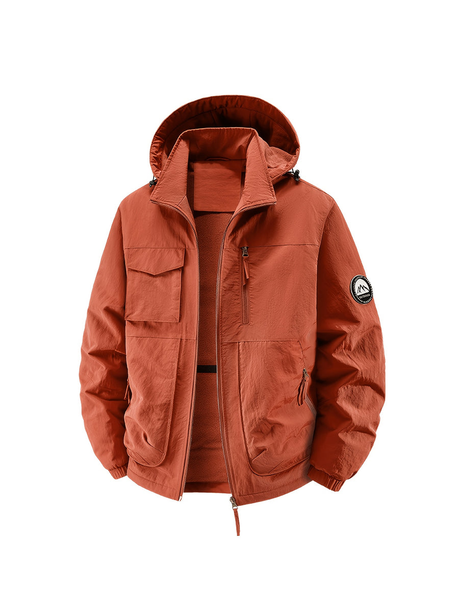 Fleece-Lined Cargo Jacket, Detachable Hood, Multi-Pocket Outerwear, Men'S Outdoor Hiking Commuter, Loose Thickened Plush Lining, Detachable Arm Badge Windproof Warm Functional Jacket - Brick Red
