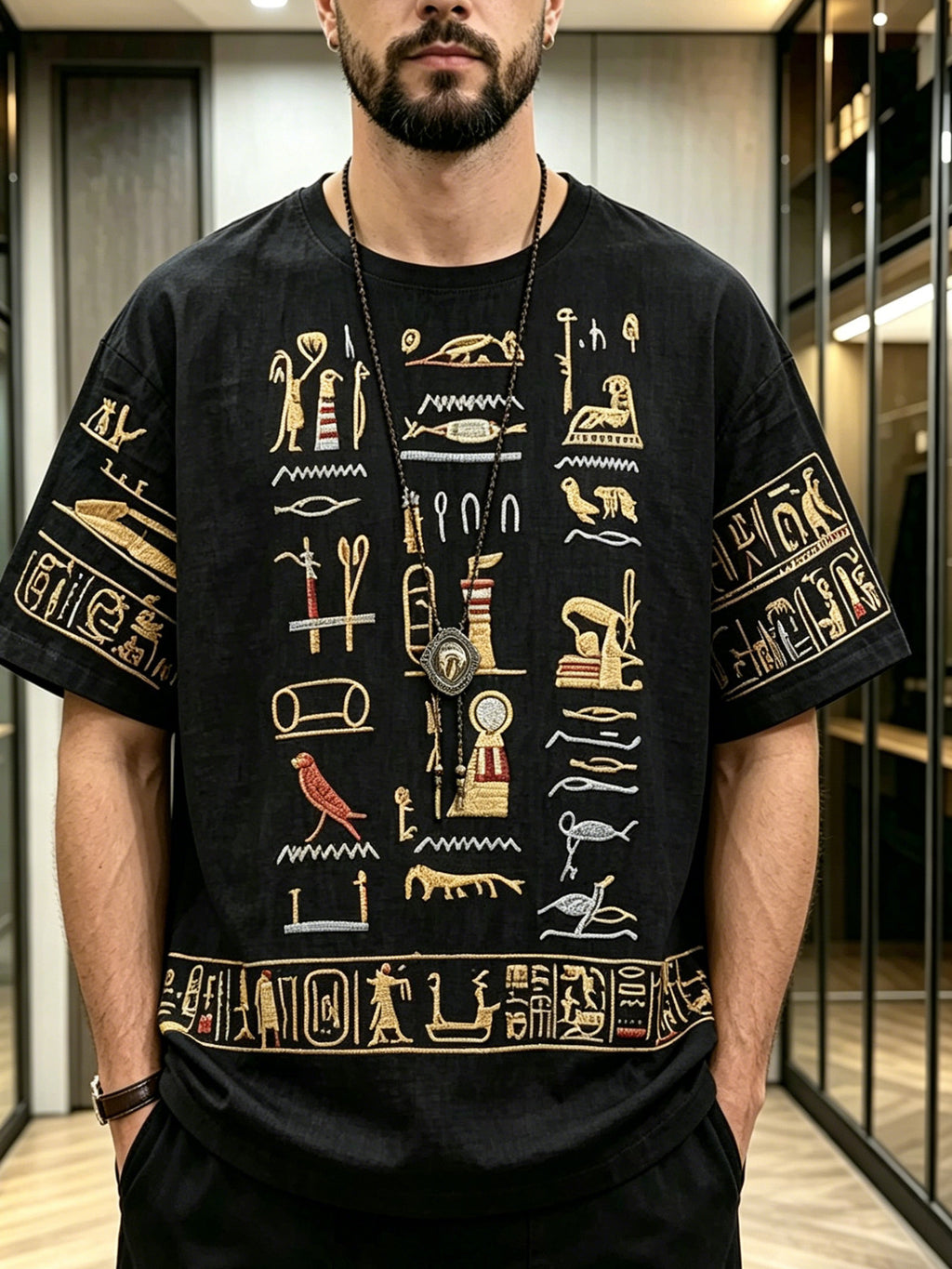 [Print Design - Not Textured] Street Retro Exotic Style Egyptian Hieroglyphic Theme Print Men'S T-Shirt, Breathable And Comfortable Summer Style, Fashionable Perfect Gift - Mixed colors
