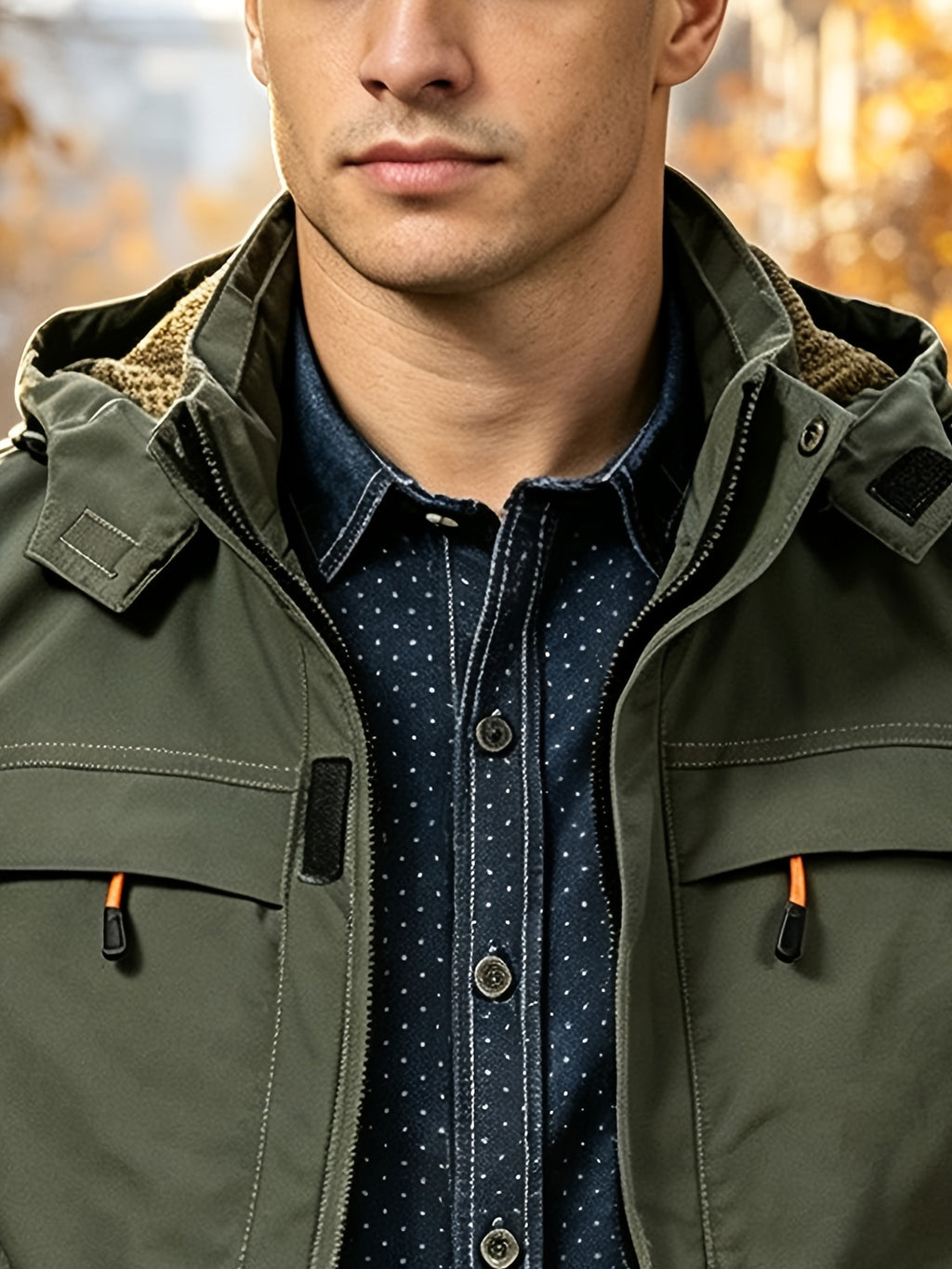 Men'S Drawstring Removable Hooded Utility Jacket, Wrinkle-Resistant Breathable Durable Woven Fabric, Fitted Short Length Spring Autumn City Commute Hiking Style, Autumn Street Outdoor Multi-Scene Wear, Orange Zipper Contrast Pocket - fern green