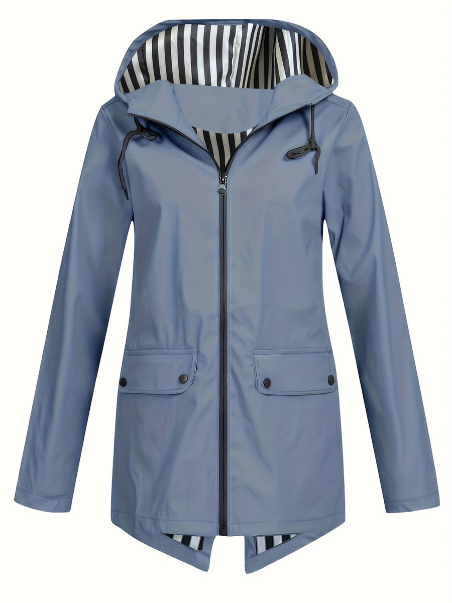 Autumn and Winter Striped Lined Hooded Windbreaker Jacket - Sky Blue