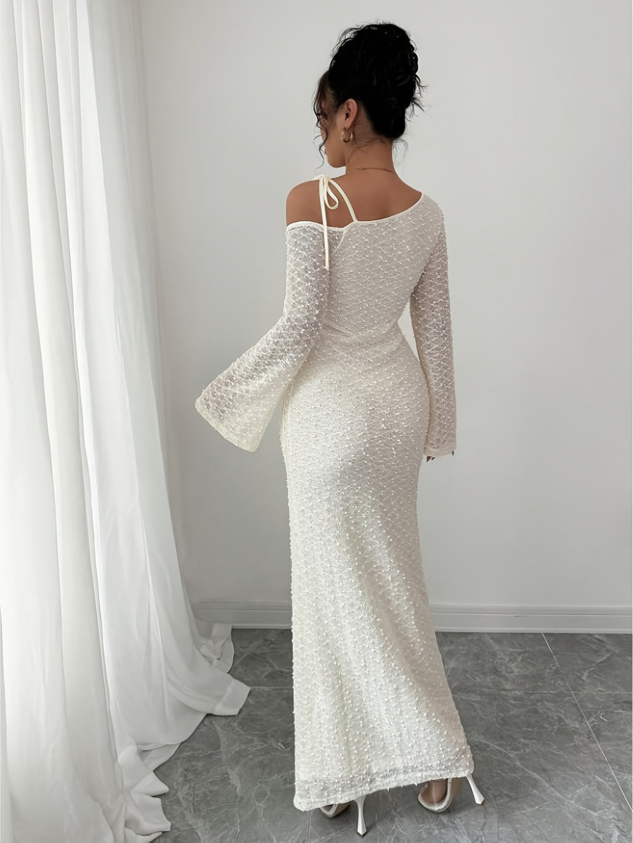 YY0717063 Elegant Women'S Casual Long-Sleeve Asymmetrical Long Dress, a Graceful And Comfortable Outfit Suitable for Daily Wear, Dates, Parties, Or Business Occasions #A6632 - Milky