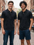 Two-pc More Cost-Effective Heavyweight Combed Pure Vintage Washed Distressed Polo Shirt for Men, Loose Fit Casual Short Sleeve Lapel, Latin American Style Daily Versatile Button-Up Top, Business Casual Commuter Lapel T-Shirt - Black