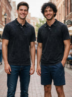 Two-pc More Cost-Effective Heavyweight Combed Pure Vintage Washed Distressed Polo Shirt for Men, Loose Fit Casual Short Sleeve Lapel, Latin American Style Daily Versatile Button-Up Top, Business Casual Commuter Lapel T-Shirt - Black