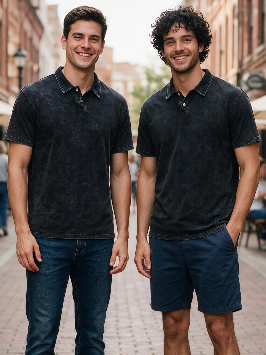 Two-pc More Cost-Effective Heavyweight Combed Pure Vintage Washed Distressed Polo Shirt for Men, Loose Fit Casual Short Sleeve Lapel, Latin American Style Daily Versatile Button-Up Top, Business Casual Commuter Lapel T-Shirt - Black