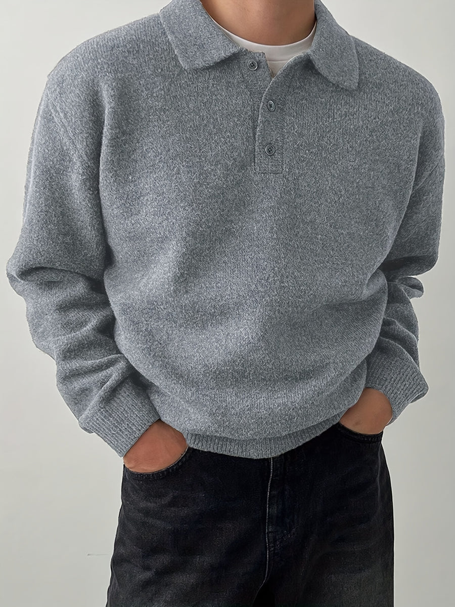 Men's POLO Collar Sweater for Autumn/Winter, Lazy-Style High-End Winter Pullover, Inner Layer Base Top, Lapel Knit Outerwear, Thick Jacket - Light Grey