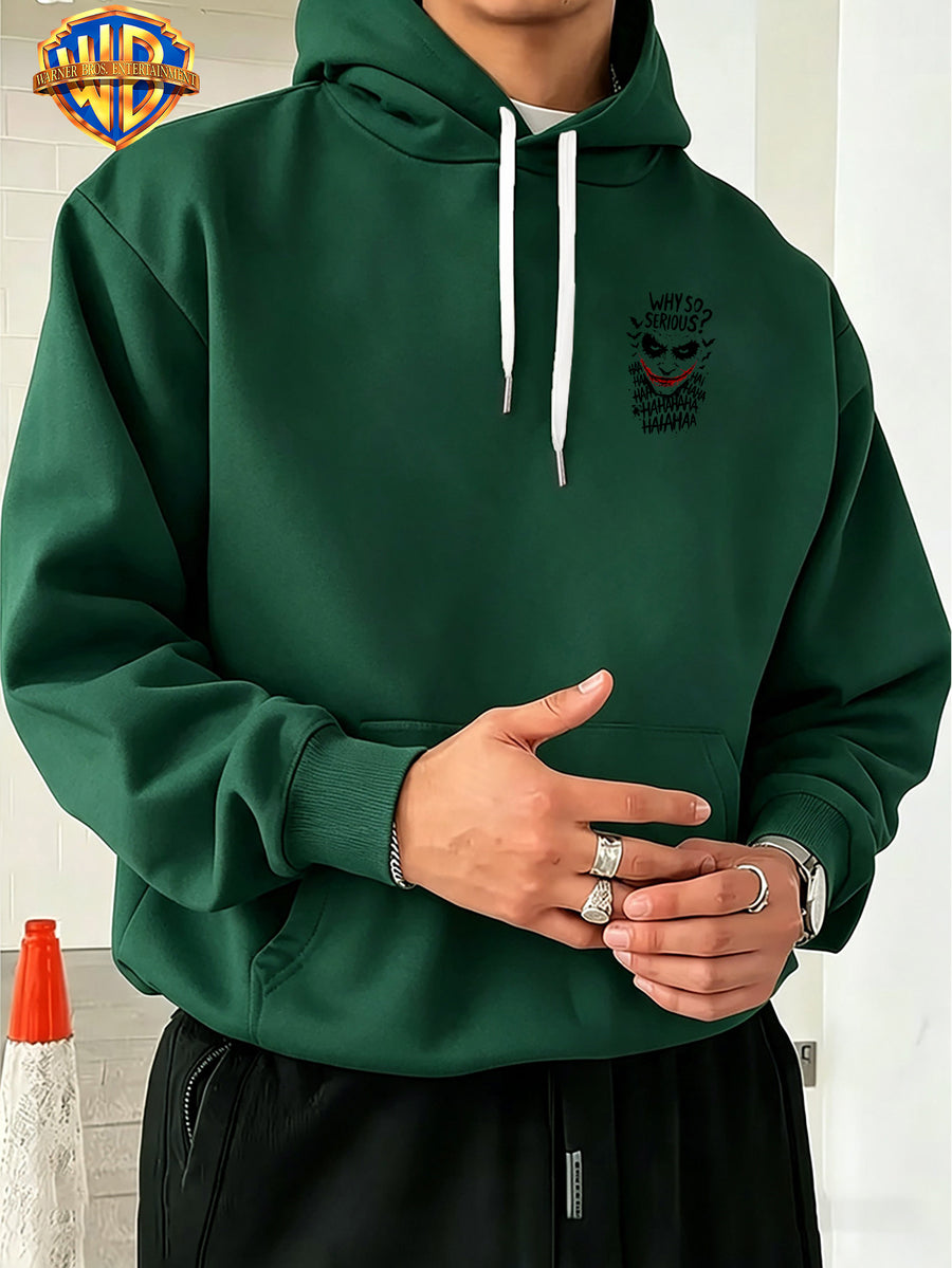 Licensed by Warner Bros., Trendy Cool Dark Distressed Joker Head, Classic Quote Slogan Bat Silhouette Street Retro Graffiti Trendy Cool Print Men'S Fashion Hooded Sweatshirt, Sleeve Print Design, Kangaroo Pocket, Drawstring Hood - Green
