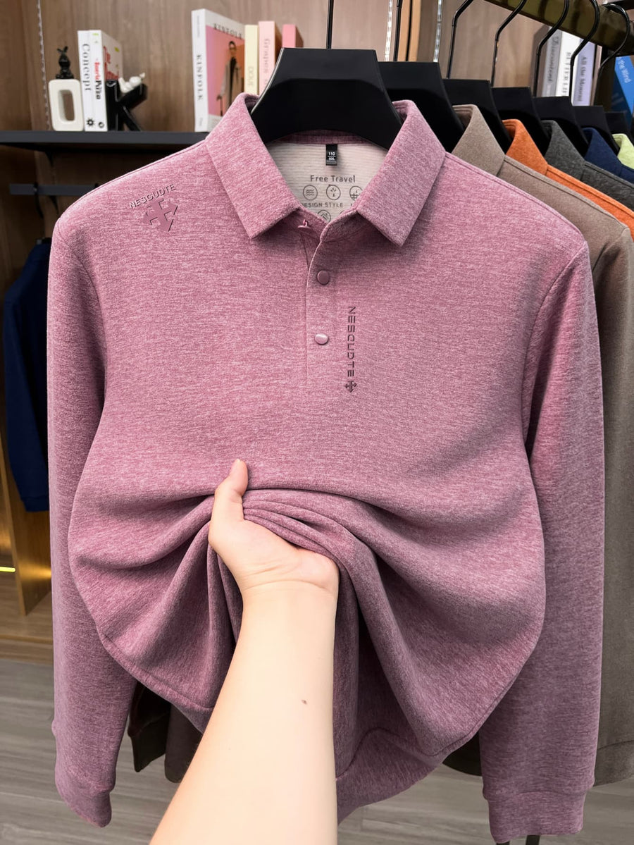 Men's Lapel Long Sleeve Polo Shirt Thickened Warm Top Autumn Winter Business Casual Layering Apparel for Middle Aged Dad Versatile Daily Outfit Suitable for Golf Fishing Tennis Sports Office And Daily Wear for Men - Elegant Pink