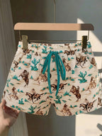 Vintage Western Country Music Festival Pattern, Summer Set, Summer Graphic Design, Women'S Casual Loose Shorts, Suitable for Beach Vacation White, Floral Shorts - Mixed colors