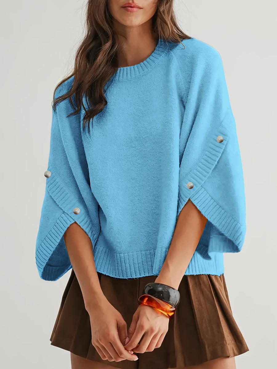 Women'S Round Neck Batwing Sleeve Pullover Sweater, Autumn Casual Regular Soft Solid Short Length 3/4 Sleeve Top, Side Slit Button Detail Daily Commute Base Layer (Prefer Loose Fit, Recommended Size Up) - Yunshan Blue