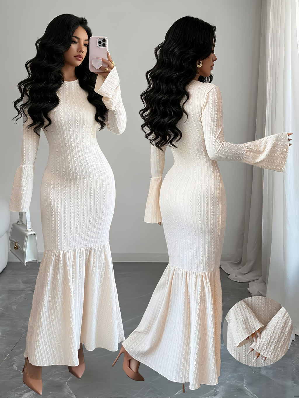 Women'S Elegant Textured Jacquard Bell Sleeve Skirt Pleated Long Lightweight Evening Dress - Apricot