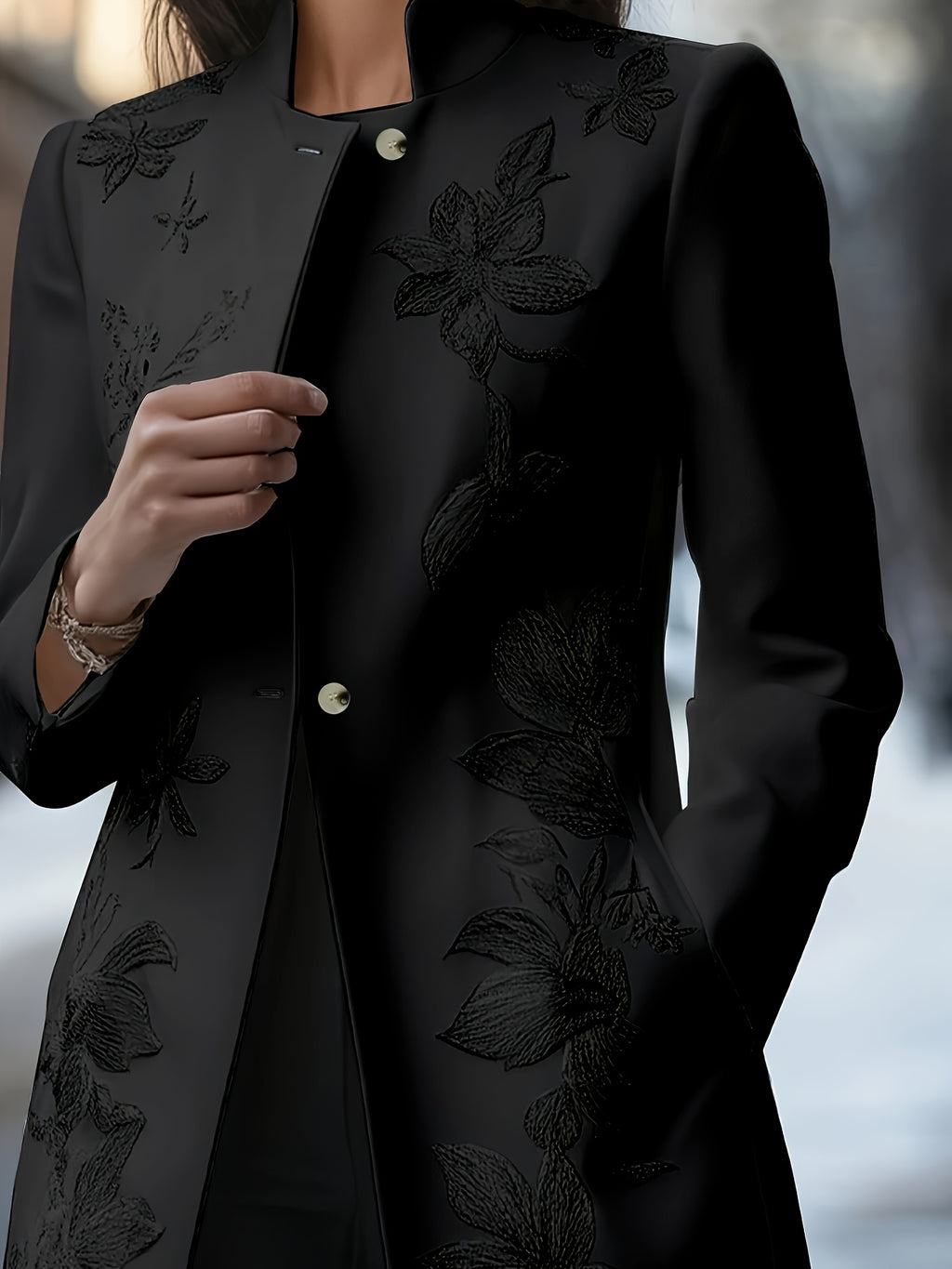 Women's Classic Floral Embroidered Jacket - Soft White H-Line Single-Breasted Coat, Machine Washable, Versatile for All Seasons, Casual and Business Wear, Stylish Layering Design, High-Quality Stitching, Exquisite Embroidered Overcoat, Office Attire - Black