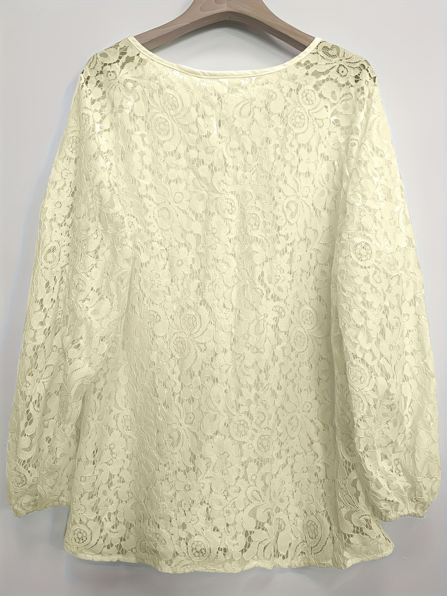 Ladies' clothing, casual fashion, elegant, transparent, solid color long sleeved, lace, solid color shirt - Apricot