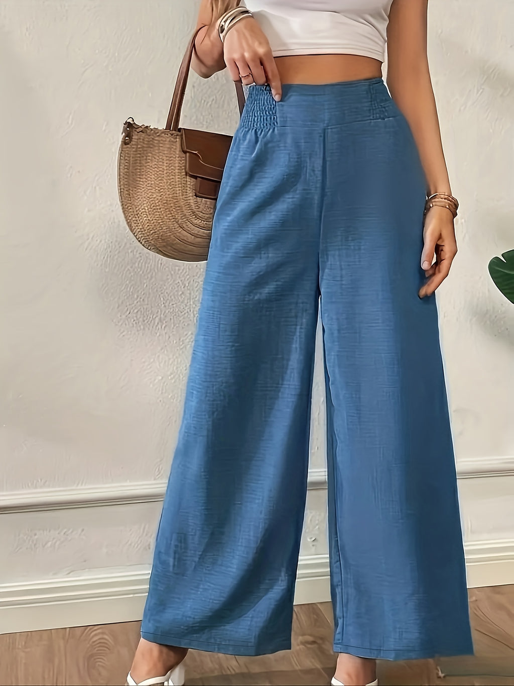 New Women'S High-Waist Wide-Leg Pants, Elastic Waist Straight-Leg Long Trousers, Elegant Wide-Leg Trousers Suitable for Casual And Formal Occasions, Office, And Semi-Formal Wear - Light Blue