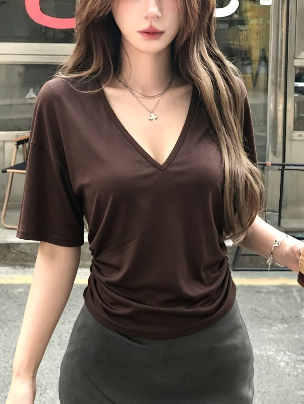 Women'S Summer New V-Neck Sexy Low-Cut Short Sleeve Casual Versatile Tummy Control Slim Pleated Pullover Top T-Shirt - Coffee Brown