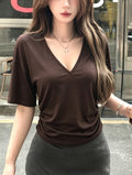 Women'S Summer New V-Neck Sexy Low-Cut Short Sleeve Casual Versatile Tummy Control Slim Pleated Pullover Top T-Shirt - Coffee Brown