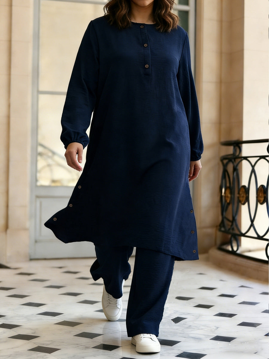 Eid Elegant Muslim 2pcs Jilbab/Abayas Set | Wooden Button Abaya with Wide-Leg PantsDaily Modest Wear - Navy Color