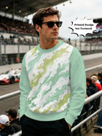 Men's Crew Neck Sweatshirt, Light Green, Abstract Wave Print, Casual Sportswear for Daily Wear, Fashionable Loose Fit Top, Youth Trendy Pullover, Versatile Autumn Long Sleeve Sweatshirt, Random Print - Mixed colors