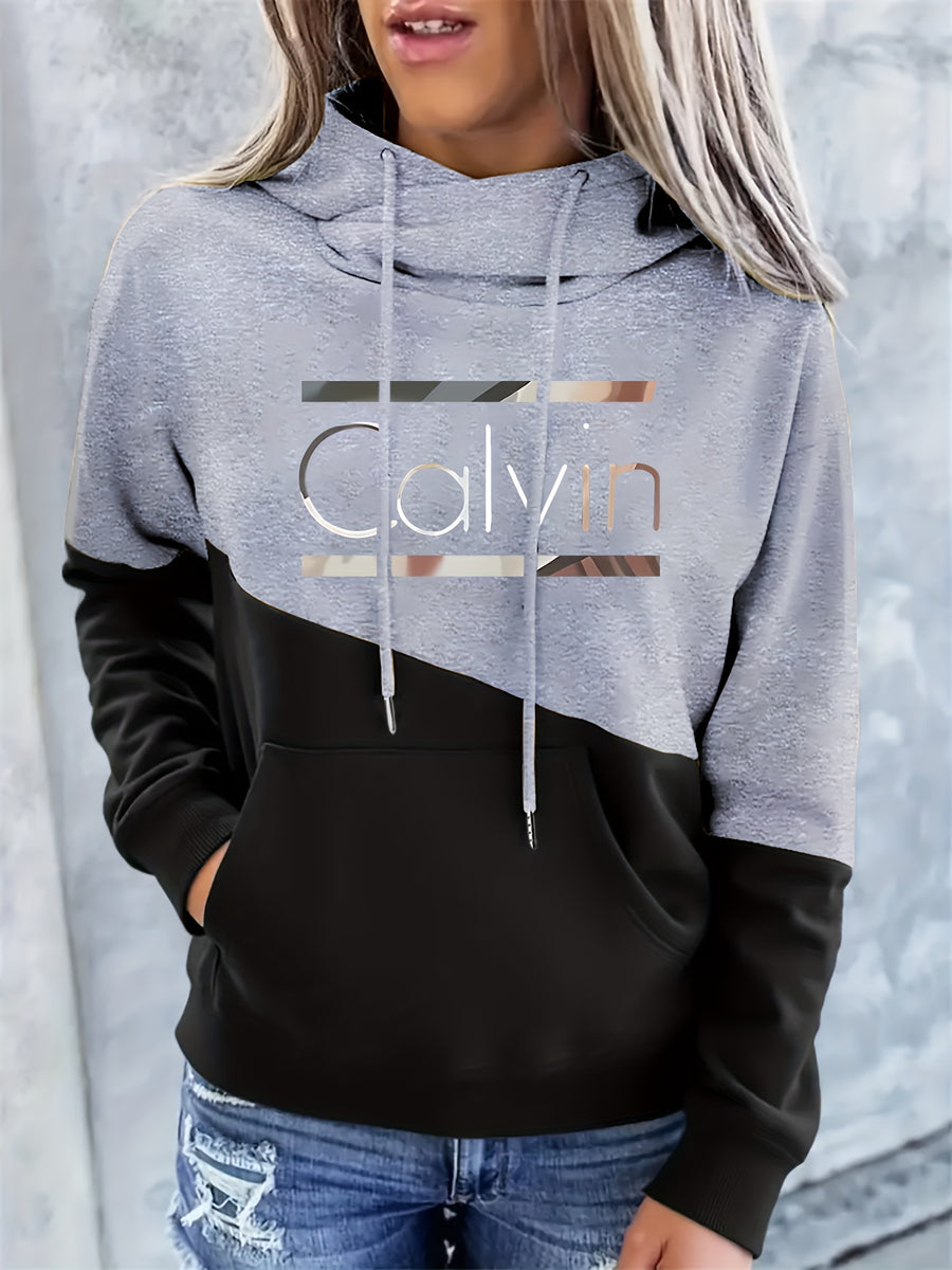 Women's Fashion Color Block Letter Pattern Casual Hooded Sweatshirt - Gray-black