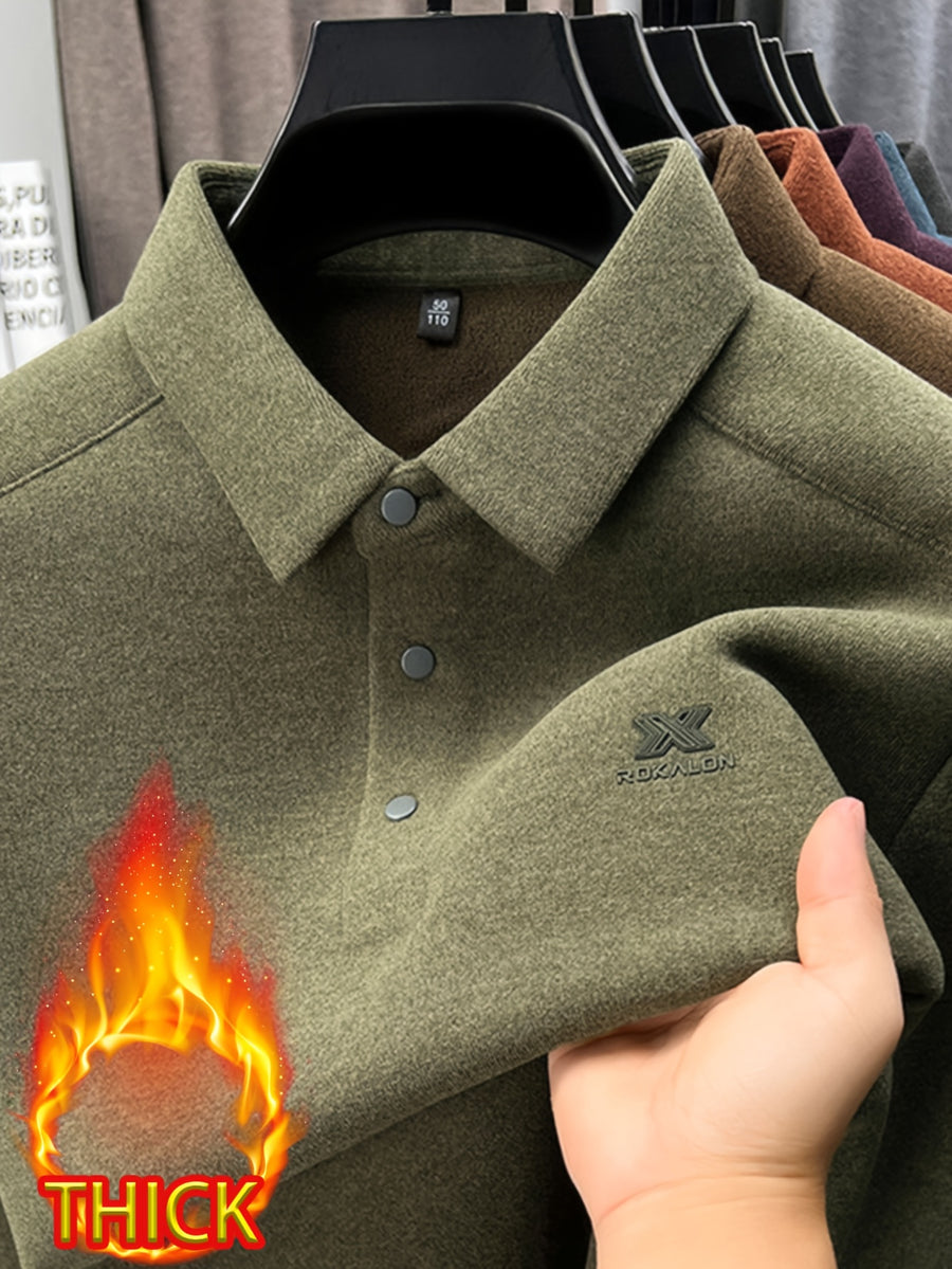 Thickened Men'S 3-Button Collar Polo Pullover Long Sleeve, Buttoned Placket, Ribbed Cuffs, Suitable for Autumn Inner And Outer Wear - SINBOS - Rime Green