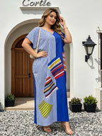 Plus Size, Women's Color-Block Spliced Striped Loose Robe Dress, V-Neck Batwing Short Sleeve Plus Size Long Dress for Covering Flaws, Casual Ankle-Length Cover-Up Robe - Blue