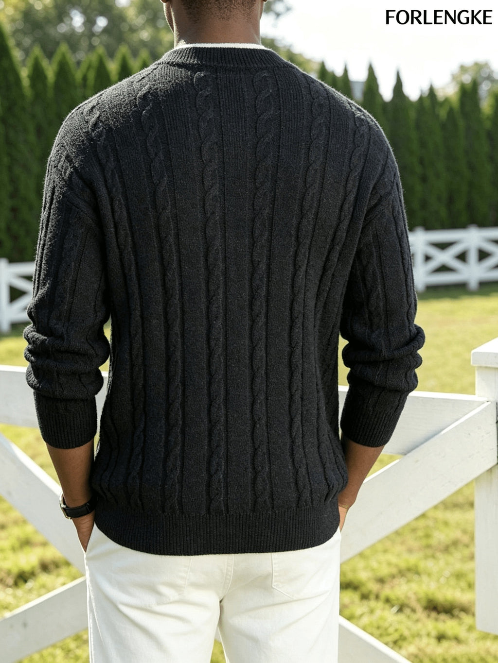 FORLENGKE Autumn and Winter Men's Henry Collar Cable Knit Sweater with a Vintage 3D Twist Texture, Half-High Neck Long Sleeve Pullover, Exquisite Half-Button Design, Perfect for Casual Layering or Wearing Alone for Everyday Outings or Dates - Black