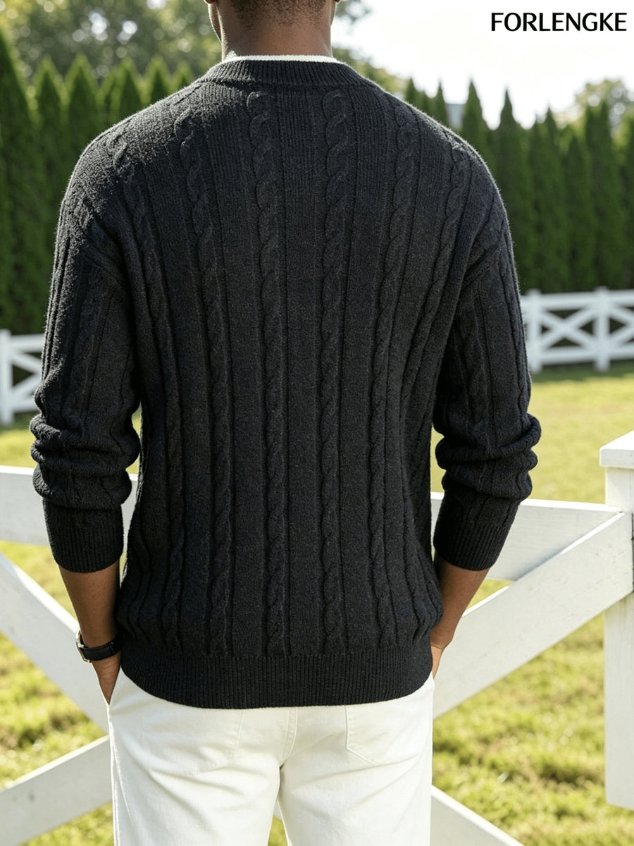 FORLENGKE Autumn and Winter Men's Henry Collar Cable Knit Sweater with a Vintage 3D Twist Texture, Half-High Neck Long Sleeve Pullover, Exquisite Half-Button Design, Perfect for Casual Layering or Wearing Alone for Everyday Outings or Dates - Black