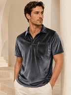 Men's Velvet Lapel Short-Sleeve Polo Shirt, American Relaxed Style, Soft, Skin-Friendly, Breathable, and Versatile, for Daily Commuting and Streetwear - Grey