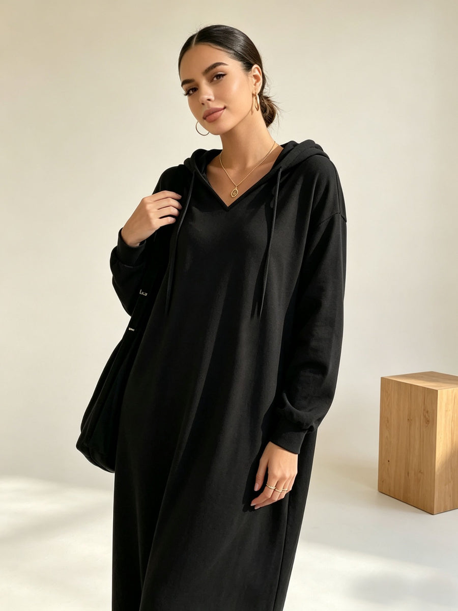 Plus Size, Autumn/Winter Lazy Leisure Y Home Pajamas, Long-Sleeve Drawstring Hooded Dress - Black
