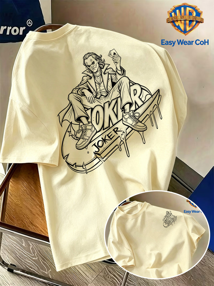 Warner Bros. Official New Academic Style Men's Short-Sleeve T-Shirt, Featuring a Unique Graffiti-style Line Sketch Drip-paint Design with a Long, Flowing Graphic and a Creative Niche JOKER Clown Print. The Distinctive Design Is Hard to Replicate - Apricot