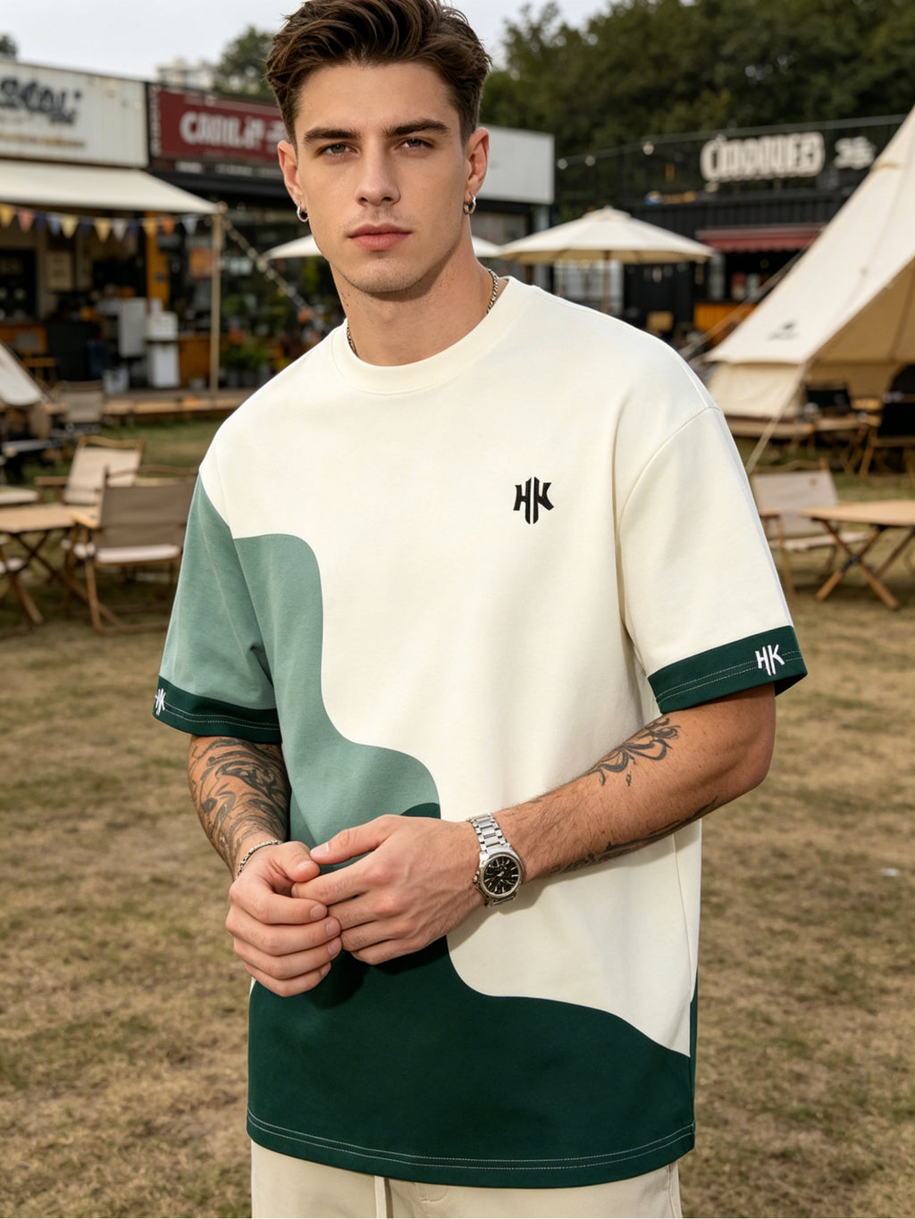 Men'S T-Shirt, Round Neck Short Sleeve, Gradient Green Wavy Color-Block Letter Print Top, Comfortable And Breathable, Trendy Casual Versatile Men'S Clothing - Mixed colors