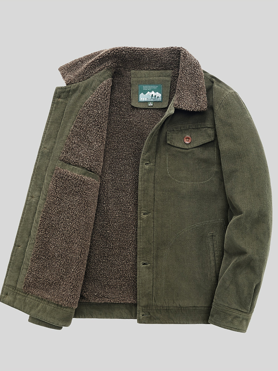 Men's Casual Outdoor Windproof Fleece-Lined Jacket with Button & Zipper Closure, Chest Pockets - Machine Washable Regular Fit Autumn Winter Coat for Hiking, Camping, Urban Adventures, Camping Gear - fern green