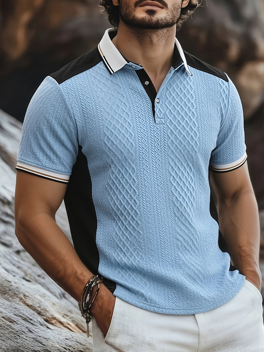 Men's Fashion New Color-Block Polo Shirt with Collar, Jacquard Design, Soft Fabric, Versatile for Outdoor Streetwear and Beach Vacation Outfits - Light Blue