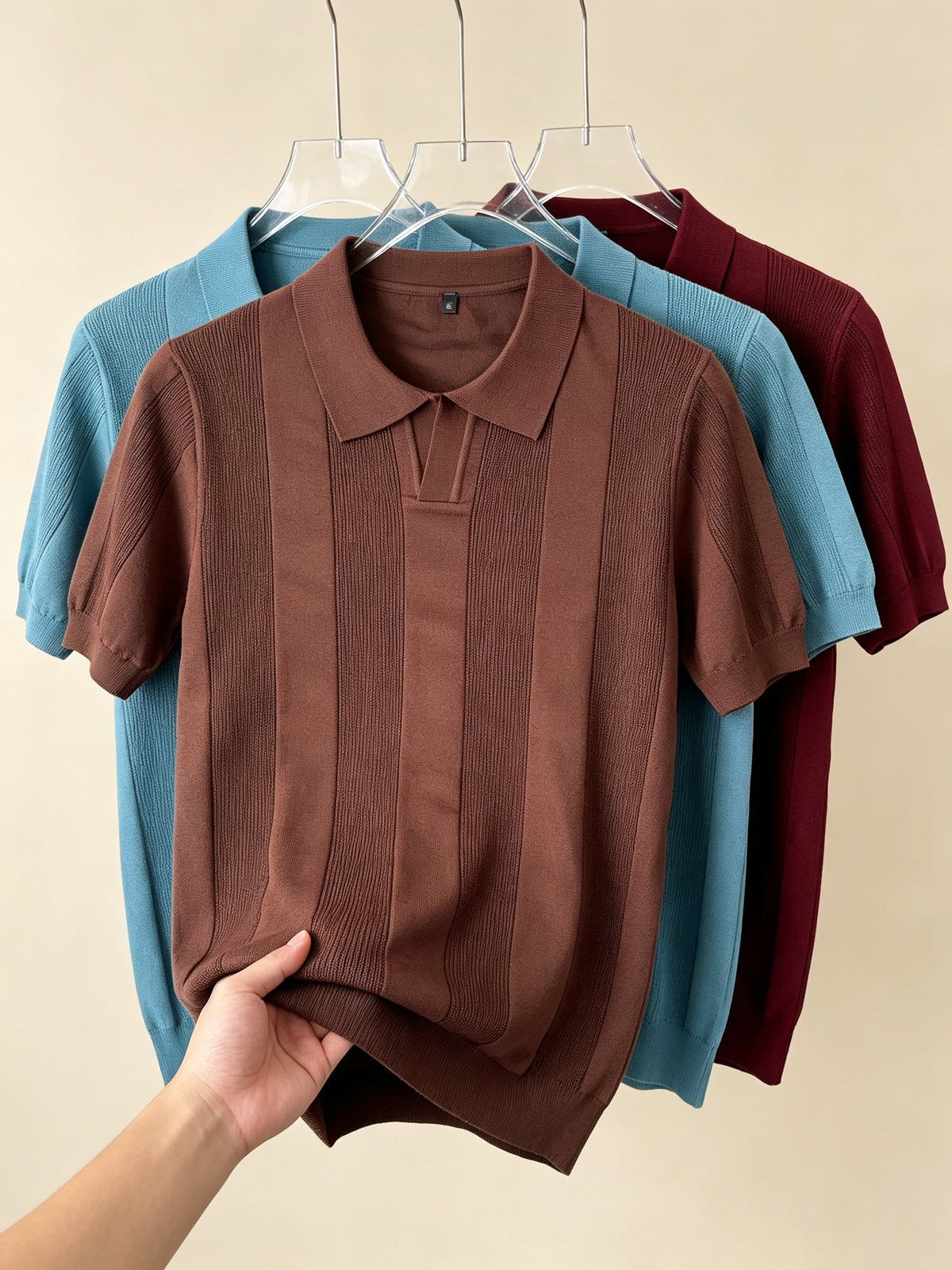 Men 3pcs Vertical Textured Knit Polo Shirts, Slim Fit Notch Collar Short Sleeve Knitwear, Lightweight Comfort Shirts for Office Vacation Daily Wear - Brown-Red-Light Blue
