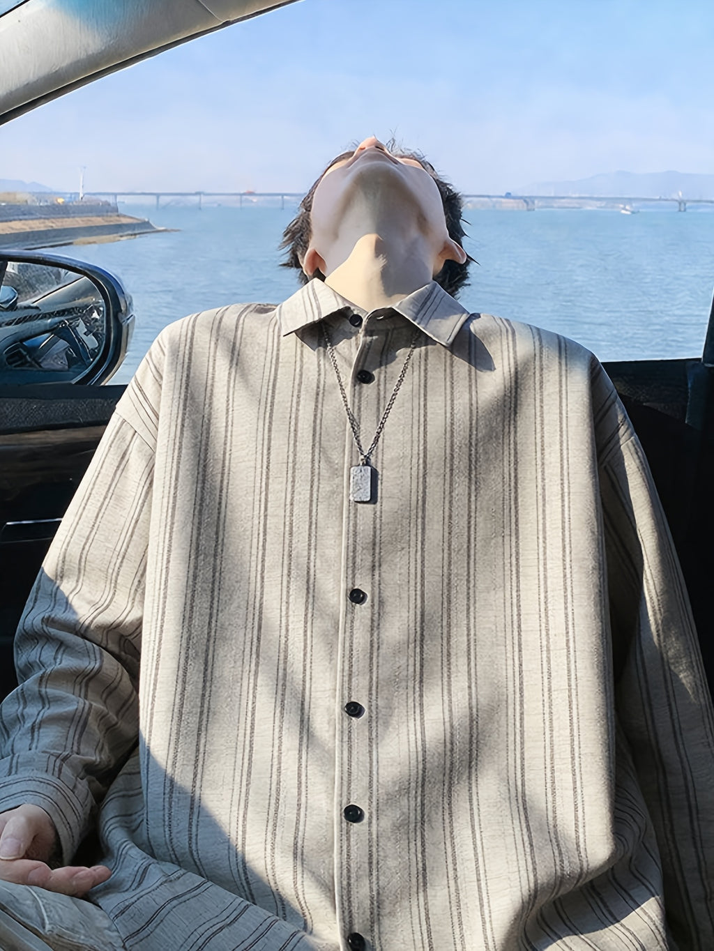 [Know And Give OBM] Men'S Japanese Distressed Black Gray Pinstripe Lapel Long Sleeve Shirt, Retro Texture Drop Shoulder Loose Casual Shirt, Spring/Autumn Commute Outdoor Daily Wear - Milk Coffee Color