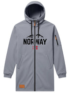 Men'S Long Hooded Trench Coat with Full Zipper, Featuring NORWAY Themed Letters, Mountain And Flag Prints, Side Arm Zip Pockets, And a Leather Label at The Hem - Grey
