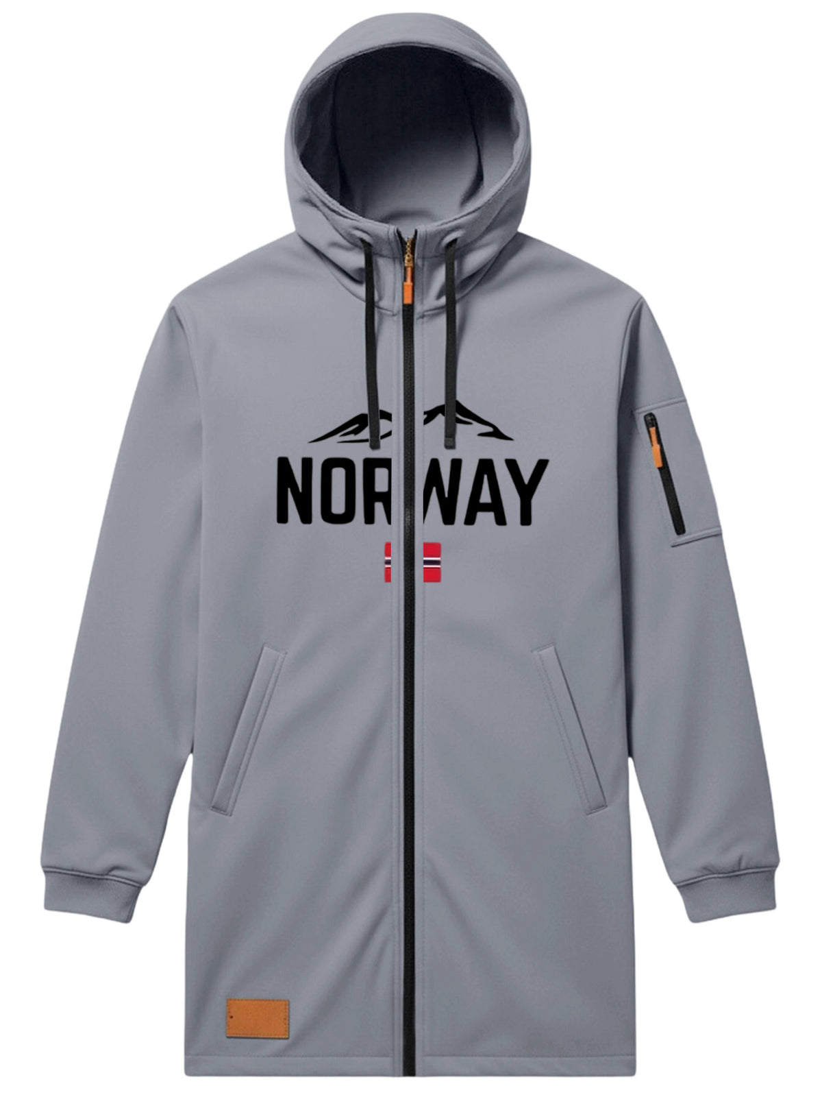 Men'S Long Hooded Trench Coat with Full Zipper, Featuring NORWAY Themed Letters, Mountain And Flag Prints, Side Arm Zip Pockets, And a Leather Label at The Hem - Grey