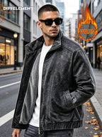DIFFELEMENT Men's Stand Collar Washed Distressed -Lined Jacket with Inner Lining for Locking in Heat, Cold Resistance, Wear Resistance, Wrinkle Resistance, and Windproof Features. Full Zipper Closure Design with Side Insert Large Pockets - Black