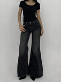 26AW Women'S Stretch Denim Jeans, Black Washed with Rhinestone Embellishment on Front Panel, Mid-Rise Slight Flared Fit, And Leg-Lengthening, Versatile Style - Black