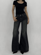26AW Women'S Stretch Denim Jeans, Black Washed with Rhinestone Embellishment on Front Panel, Mid-Rise Slight Flared Fit, And Leg-Lengthening, Versatile Style - Black
