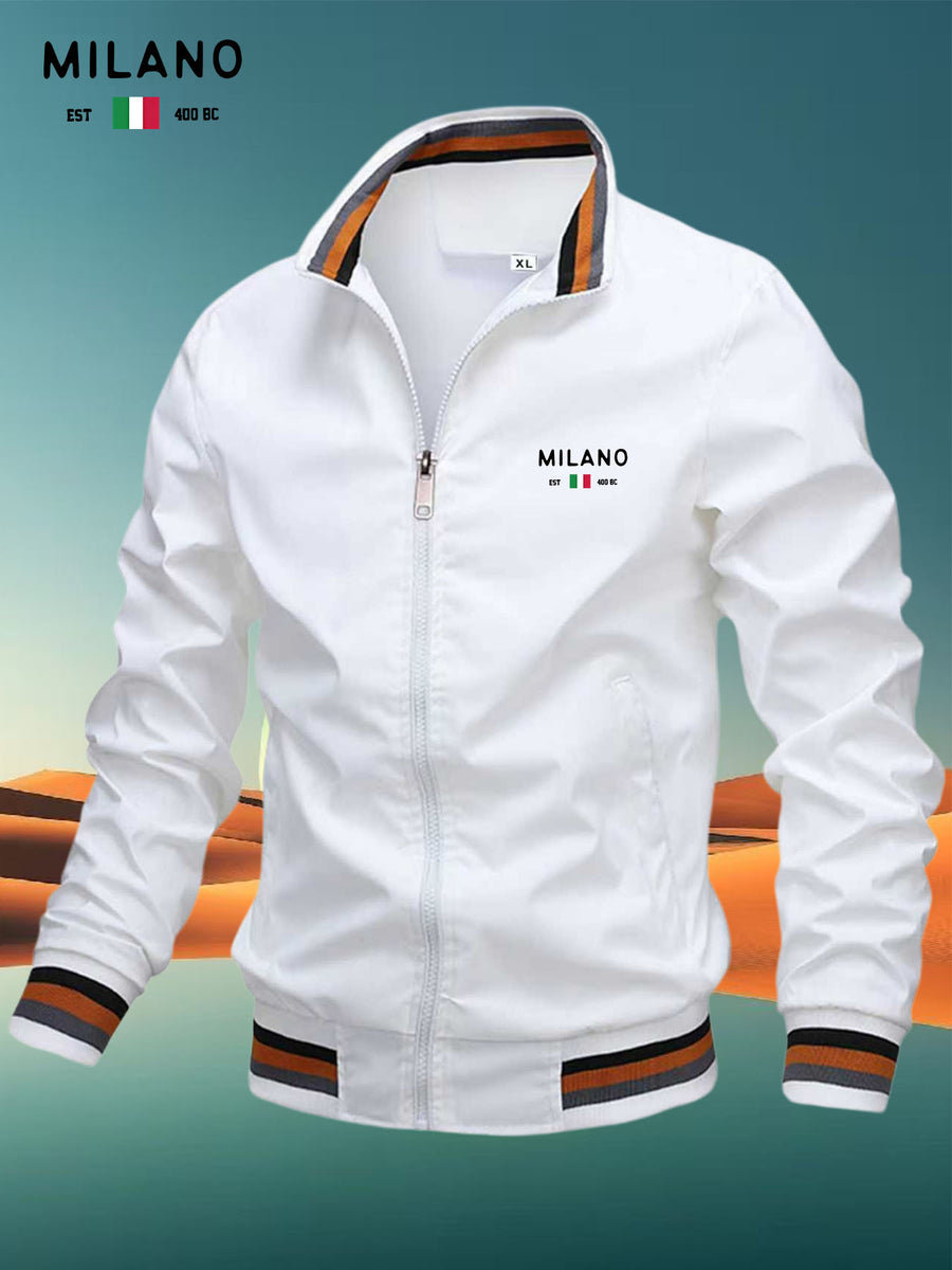 Men'S Versatile Casual Milan Element Stand-Up Collar Baseball Jacket, Contrast Ribbed Design, Windproof And Stiff, Spring Autumn Daily Commute Casual Versatile Top - White